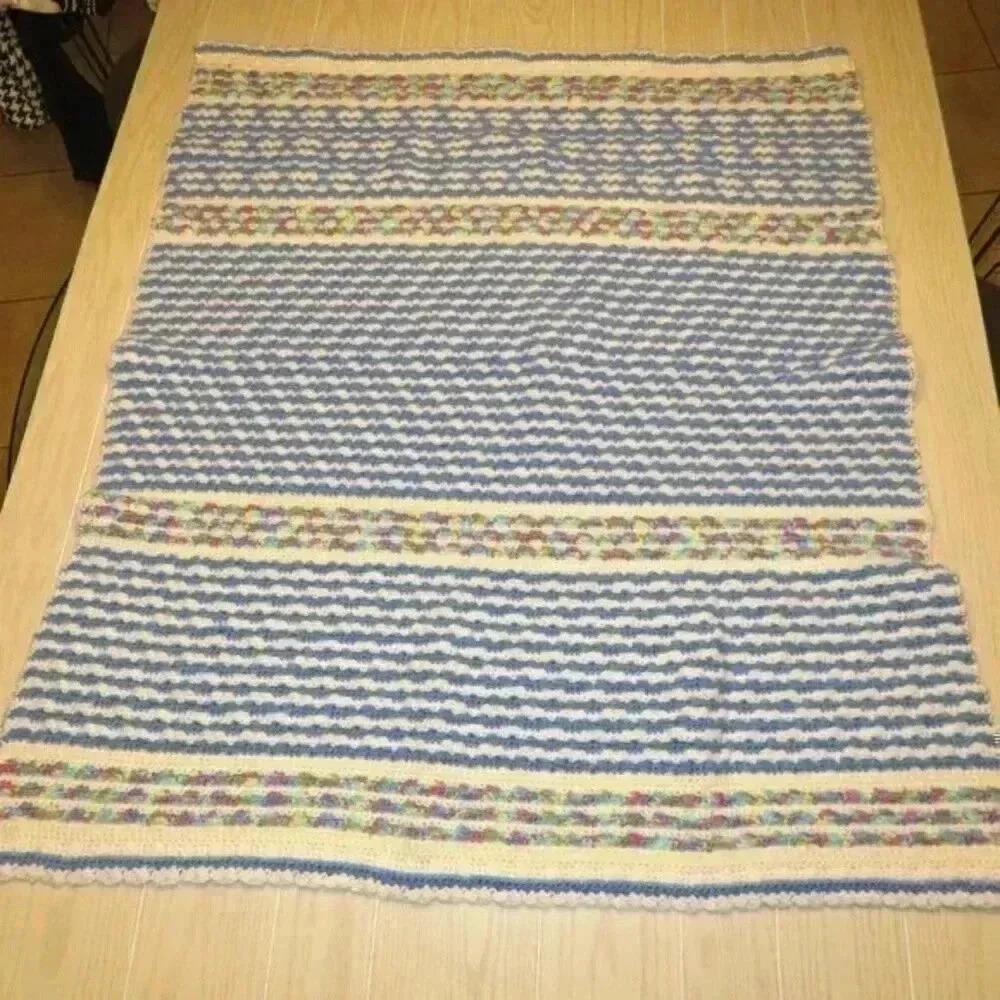 Vintage hand crocheted striped throw baby blanket Size is 40" x 46"